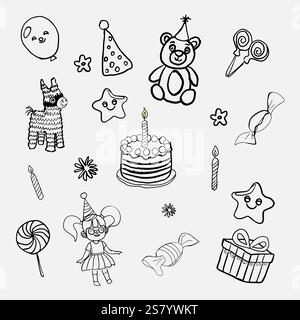 Kit d'anniversaire. Image vectorielle dans le style de dessin au crayon Illustration de Vecteur