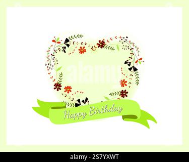 Carte de voeux d'anniversaire. Modèle floral en forme de coeur pour invitation avec noeud délicat et fleurs en fleurs. Fleurs et inscription joyeux anniversaire. Illustration de Vecteur