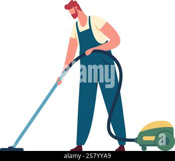 Travailleur de service de nettoyage professionnel portant une combinaison bleue à l'aide d'un aspirateur pendant son quart de travail, services de l'entreprise de nettoyage, concept d'hygiène et de propreté Illustration de Vecteur