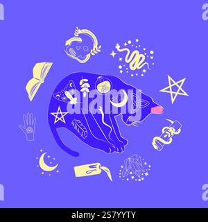 Chat mystique dans le style boho entouré d'étoiles, signes du zodiaque, balles, empreintes de pattes, collection de silhouette. Ésotérisme et mysticisme, occultisme. Dessin animé Illustration de Vecteur
