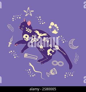 Chat mystique dans le style boho entouré d'étoiles, signes du zodiaque, balles, empreintes de pattes, collection de silhouette. Ésotérisme et mysticisme, occultisme. Dessin animé Illustration de Vecteur