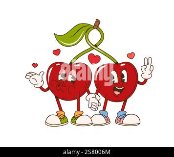 Dessins animés rétro groovy Cherry personnages jumeaux. Agriculture mûres et naturelles baies heureux personnages en amour, cerise fraîche deux cerises tenant les mains hippie Illustration de Vecteur