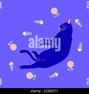 Chat mystique dans le style boho entouré d'étoiles, signes du zodiaque, balles, empreintes de pattes, collection de silhouette. Ésotérisme et mysticisme, occultisme. Dessin animé Illustration de Vecteur