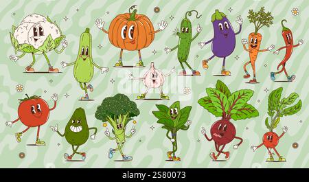 Personnages et personnages végétaux rétro groovy de dessin animé, nourriture agricole psychédélique vectorielle. Tomate groovy funky, avocat, piment et concombre, hippi Illustration de Vecteur