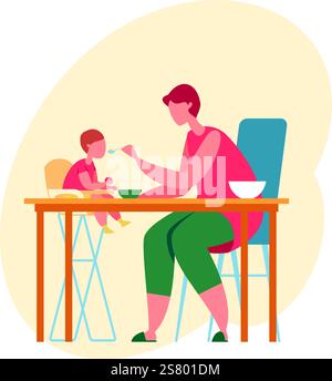 Mère aimante nourrissant son fils bébé qui est assis dans une chaise haute et joue avec un jouet, une nutrition saine pour les petits enfants, scène familiale quotidienne Illustration de Vecteur