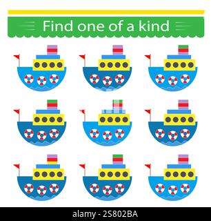Jeu éducatif amusant pour les enfants. Besoin de trouver un bateau d'un genre. Page d'activités pour enfants. Illustration vectorielle. Illustration de Vecteur