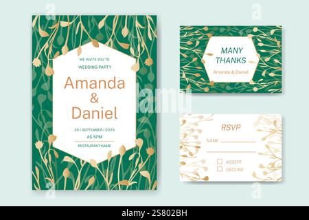 Disposition d'invitation de mariage sur un fond vert avec un motif botanique, fleurs de lin en or. Carte d'invitation, cartes de remerciement. Illustration de Vecteur