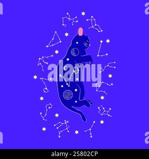 Chat mystique dans le style boho entouré d'étoiles, signes du zodiaque, balles, empreintes de pattes, collection de silhouette. Ésotérisme et mysticisme, occultisme. Dessin animé Illustration de Vecteur