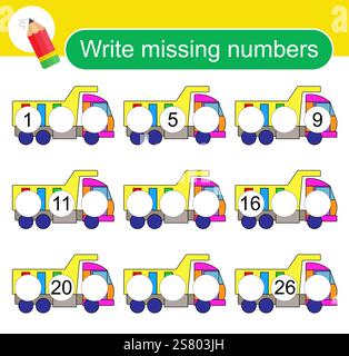 Activité mathématique pour les enfants. Page d'activité pour enfants d'âge préscolaire. Camion à benne basculante pour dessins animés. Illustration vectorielle. Illustration de Vecteur