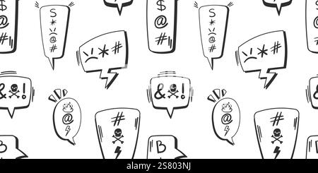 Un motif noir et blanc sans couture avec des bulles de discours expressives de style gribouillage avec des symboles, idéal pour les comics, l'humour ou les projets de design Illustration de Vecteur