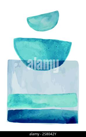 Aquarelle avec des formes abstraites dans les tons de bleu et de gris, créant une composition équilibrée et harmonieuse, parfaite pour les projets de design d'intérieur minimalistes et modernes Illustration de Vecteur
