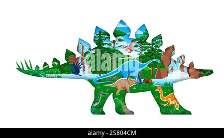 Silhouette de dinosaure stégosaure préhistorique coupé en papier. Bannière vectorielle coupée en papier reptile éteinte avec haplocanthosaurus, centrosaurus, corythosaurus et Illustration de Vecteur