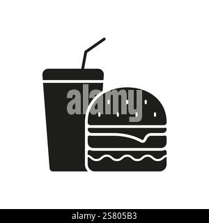 Icône Burger and Drink Silhouette. Junk Food et repas de restauration rapide avec boisson et sandwich pour des choix de régime malsains. Illustration vectorielle isolée Illustration de Vecteur