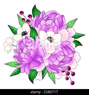 Fleurs vectorielles réalistes pétales bouquets de bourgeons. Anémones, pivoines pansies magnolia Illustration de Vecteur