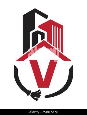 Lettre initiale V concept de logo de nettoyage industriel avec brosse de nettoyage et symbole de bâtiment. Enseigne balai Illustration de Vecteur