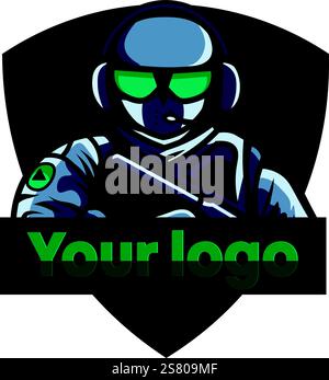 Logo eSports avec un personnage dans le style militaire. Soldat des forces spéciales avec un casque et une mitrailleuse dans ses mains Illustration de Vecteur