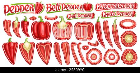 Vector Red Pepper Set, lot collection d'illustrations de contour découpées de différents poivrons doux et épicés avec des graines, groupe de par entier et haché Illustration de Vecteur