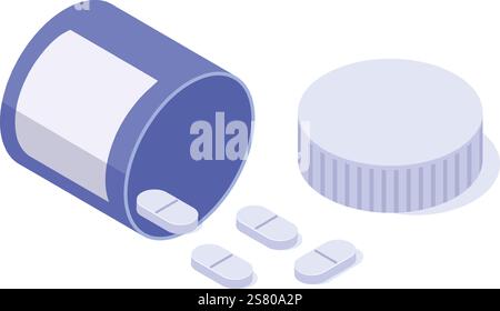 Ouvrir bouteille de pilule laissant tomber les pilules sur fond blanc avec son bouchon de côté, vue isométrique du produit pharmaceutique pour les soins de santé et la médecine Illustration de Vecteur