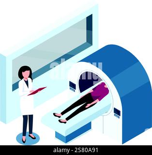 Médecin tenant le presse-papiers et supervisant la procédure d'imagerie par résonance magnétique sur la patiente couchée sur le lit coulissant, illustration vectorielle isométrique de l'irm dans la clinique moderne Illustration de Vecteur