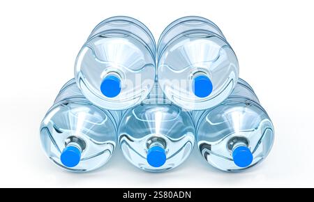 Grandes bouteilles d'eau en plastique empilées sur fond blanc 3D. Banque D'Images