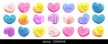 Collection de cœurs de bonbons colorés avec des messages romantiques gravés sur la surface. Friandises sucrées multicolores pour la saint-valentin. Confiseries de conversation sucrées avec des expressions de datation traditionnelles sur le thème de l'amour. Illustration de Vecteur