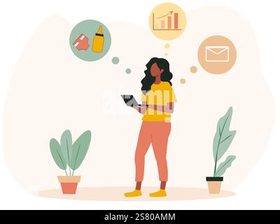 Femme debout avec une tablette, entourée d'icônes représentant les affaires, la maternité et les médias en ligne. Style minimaliste avec un fond clair Illustration de Vecteur