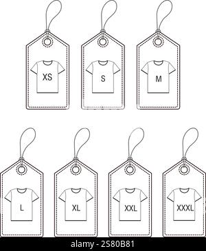 T-shirts noirs et blancs tailles étiquettes isolées sur fond blanc Illustration de Vecteur