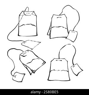 Sachets de thé dessinés à la main noir et blanc dessin de ligne de contour à main levée Illustration de Vecteur