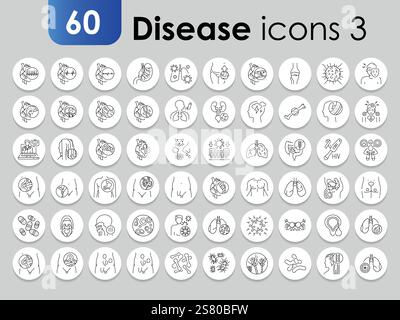 Icônes de ligne noire des organes humains de maladies définies. Infographie avec symboles. Elément isolé par vecteur. Contour modifiable. Illustration de Vecteur