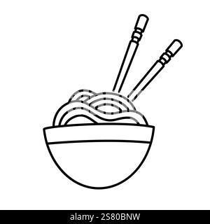 Bol à nouilles avec baguettes Doodle icône asiatique de nourriture illustration vectorielle noire et blanche Illustration de Vecteur