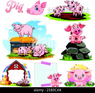 Cochons mignons dans diverses scènes de ferme ludiques Illustration de Vecteur