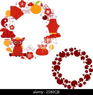 Cadre rond de cercle de ligne graphique de vecteur avec nouvel an chinois de cheval 2026 éléments ensemble. Année du cheval, matériel de fond du nouvel an. Transparent Illustration de Vecteur