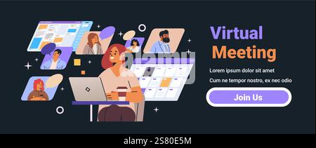 Illustration du concept de collaboration en ligne de réunion virtuelle. Divers individus sur les écrans d'appel vidéo avec une femme utilisant un fond sombre d'ordinateur portable Illustration de Vecteur