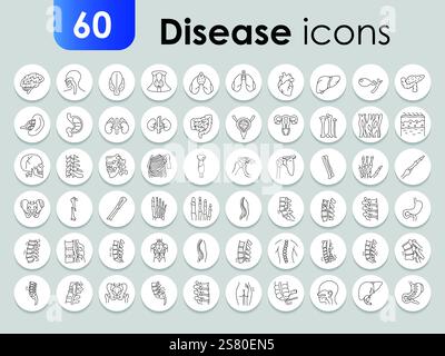 Icônes de ligne noire des organes humains de maladies définies. Infographie avec symboles. Elément isolé par vecteur. Contour modifiable. Illustration de Vecteur