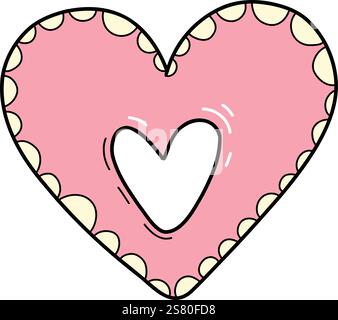 Vecteur de cadre Doily Heart Edge festonné. Modèle d'autocollant d'étiquette simple. Joli ornement à volants vintage. Illustration vectorielle isolée sur fond blanc. Illustration de Vecteur