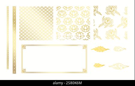 Bordures de motifs asiatiques dorés et ensemble d'illustration de couleur réaliste de cadre. Ornements traditionnels de culture orientale 3d dessins groupés sur blanc Illustration de Vecteur