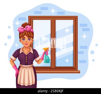 Рousekeeper, femme au foyer nettoyer le verre de la fenêtre, bouteille de pulvérisation de lavage d'eau. Femme de maison, ménage, employé de service d'entretien ménager. Vecteur de femme de ménage d'hôtel Illustration de Vecteur