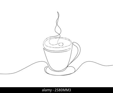 Croquis en ligne continue d'une tasse à café à vapeur, avec un design minimaliste et artistique. Illustration de Vecteur