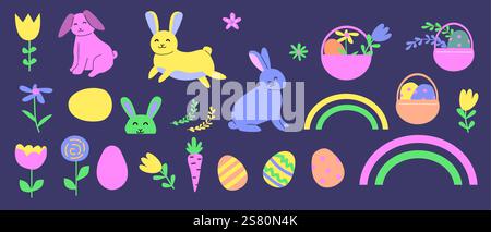 Motifs colorés de pâques : lapins, œufs et paniers dans des tons pastel. Illustration de Vecteur