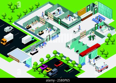 Une illustration vectorielle de l'urgence de santé de bâtiment d'hôpital isométrique Illustration de Vecteur