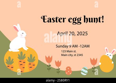 Invitation joyeuse à la chasse aux œufs de pâques avec des lapins ludiques et des œufs colorés. Illustration de Vecteur