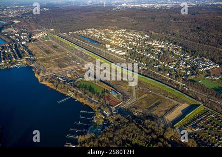 Vue aérienne, chantier de construction du quartier résidentiel prévu de Duisburg à l'ancien triage de Wedau, Sechs-Seen-Platte, Wedau, Duisbur Banque D'Images