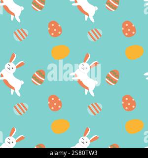 Lapins de pâques ludiques et œufs colorés sur fond sarcelle. Illustration de Vecteur