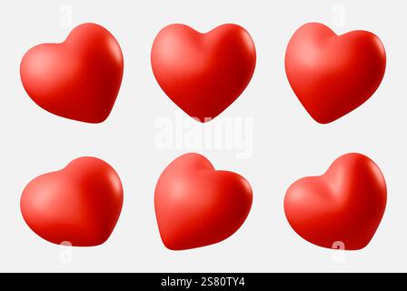 Ensemble d'icône de coeurs 3D réalistes rouges dans différents angles. Illustration vectorielle Valentines Love symbole Illustration de Vecteur