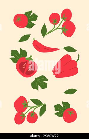 Légumes rouges vibrants : tomates et poivrons sur un fond clair. Illustration de Vecteur