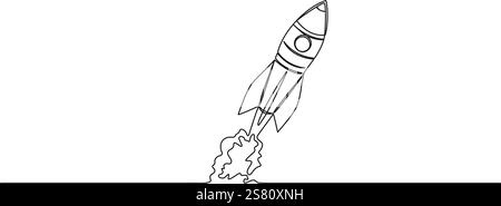 dessin en ligne simple continu de fusée spatiale décollant, illustration vectorielle d'art au trait Illustration de Vecteur