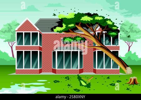 Une illustration vectorielle de Big Tree tombant sur un accident de maison Illustration de Vecteur