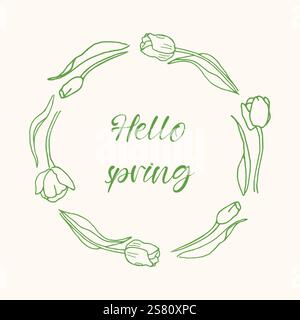Un cadre de fleur dessiné à la main fait de tulipes. Une élégante couronne ronde. Illustration vectorielle d'éléments botaniques minimalistes pour étiquettes, logos, cartes postales, invitations de mariage Illustration de Vecteur