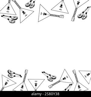 Cadre carré avec instruments de musique folklorique, balalaïka, cuillères en bois. Tous les objets sont dessinés à la main en vecteur. Illustration vectorielle. Pour l'impression Illustration de Vecteur