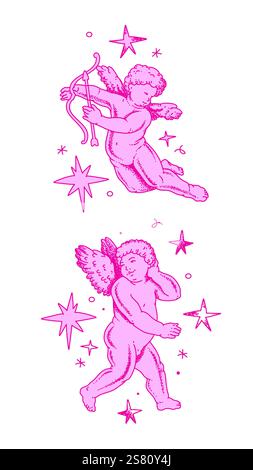 Contours de chérubin et dessin au trait pour la Saint-Valentin avec vecteur Cupidon. Vecteur symbole de l'amour et romantique. Antique Angel Baby Cupid illustration Illustration de Vecteur